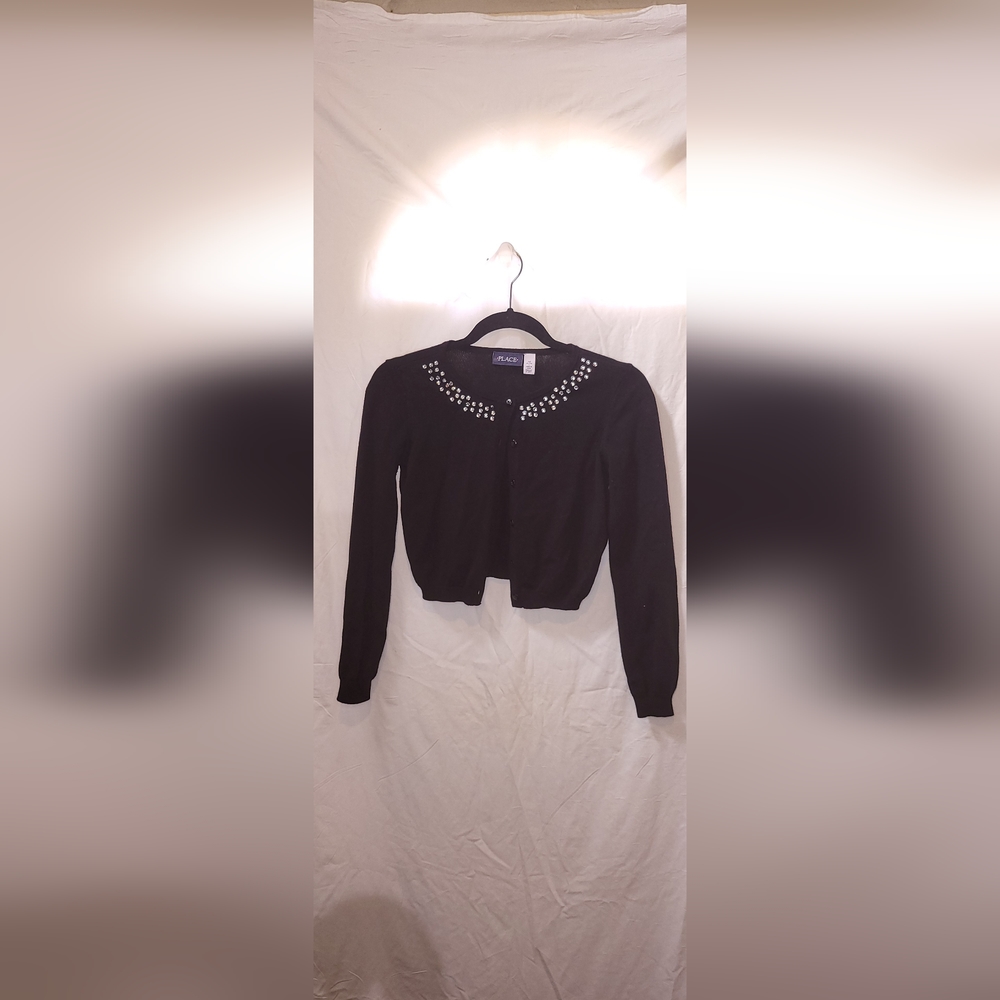 Kids Black Long Sleeve Cardigan Sweater with Rhinestone Neck Accent  Size 14